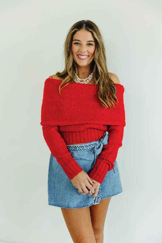 Adalyn Fold Over Sweater - Red