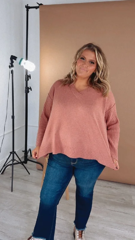 Cozy Up Ribbed Oversized V Neck Sweater, Mauve