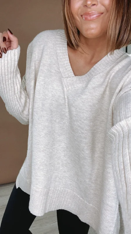 Cozy Up Ribbed Oversized V Neck Sweater, Oatmeal