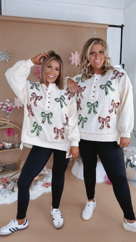 Full Of Cheer Sequin Bow Long Sleeve Top