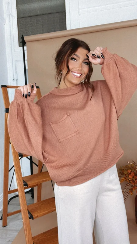 POL: Elevated Basic Balloon Sleeve Sweater, Terracotta