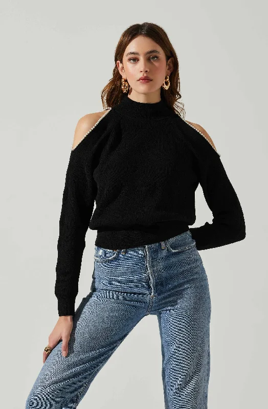 Tori Pearl Embellished Cold Shoulder Sweater