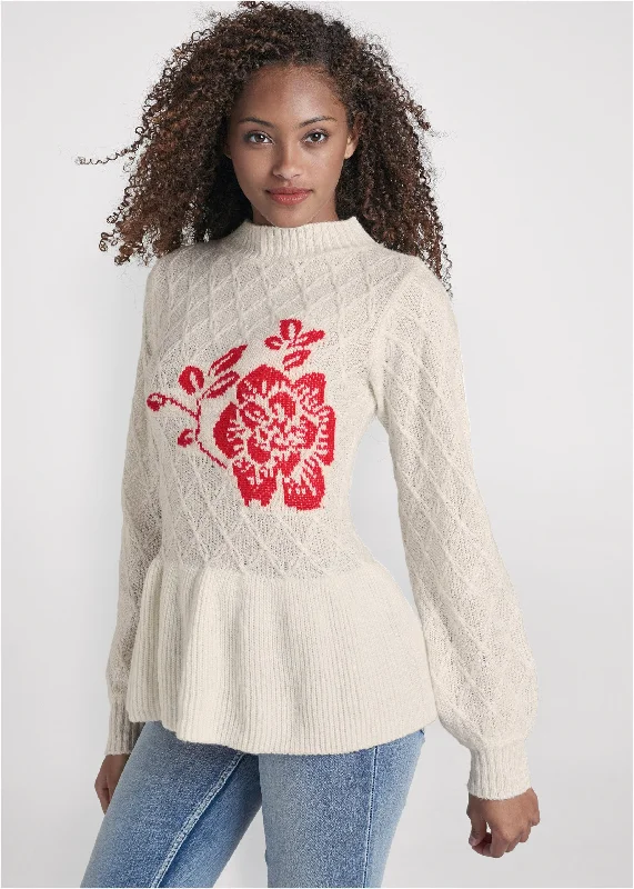 Rose Detail Peplum Sweater - Off White & Red