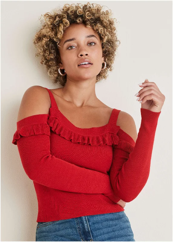 Cold Shoulder Ruffle Top - Equestrian Red