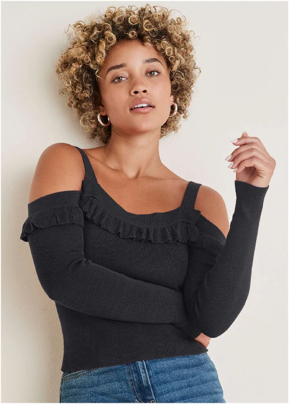 Cold Shoulder Ruffle Top - Black