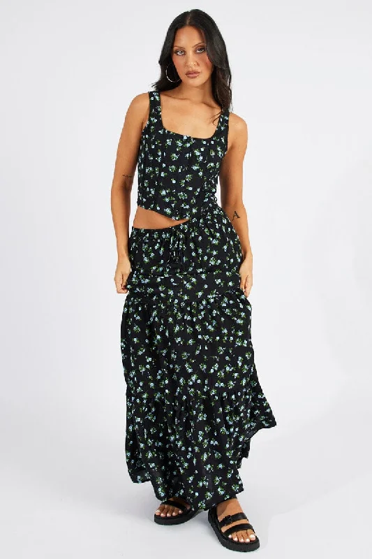 Black Floral Maxi Skirt High Rise Tiered Elastic Waist