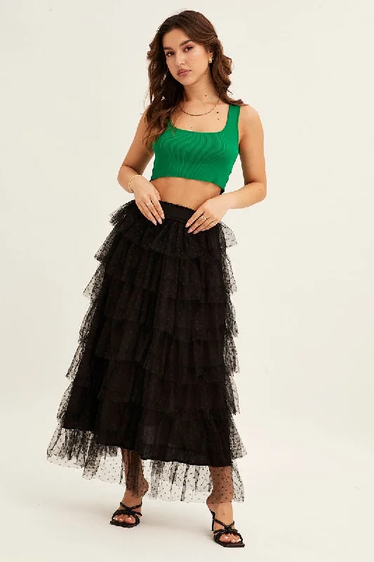 Black Midi Skirt Tulle Elastic Waist Mesh