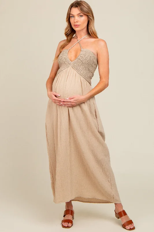 Beige Halter Crochet Top Maternity Maxi Dress