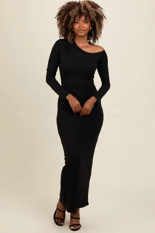 Black One Shoulder Long Sleeve Midi Dress