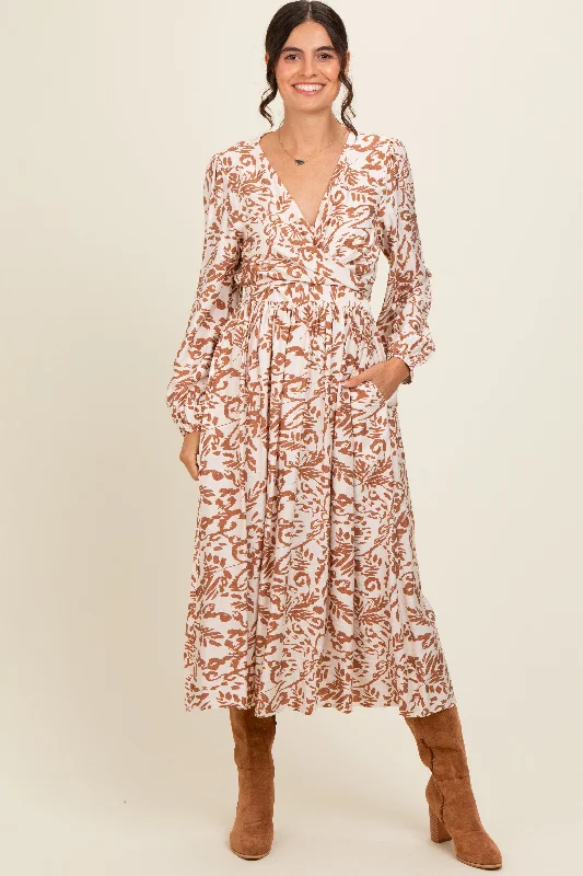 Cream Abstract Floral Gathered Front Midi Dress