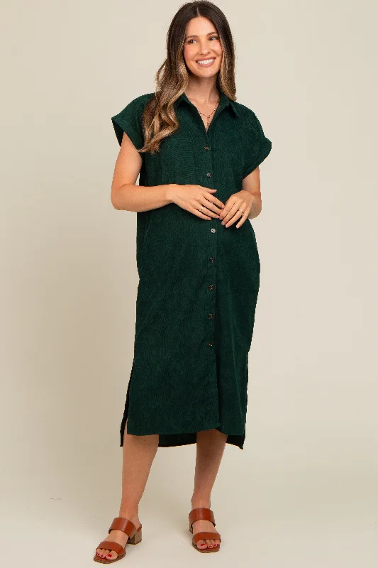 Forest Green Corduroy Button Down Maternity Midi Dress