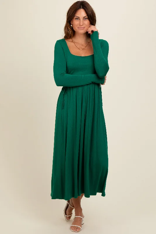 Forest Green Square Neck Long Sleeve Midi Dress