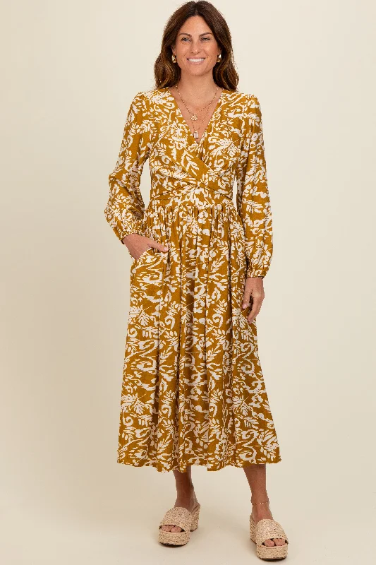 Gold Abstract Floral Gathered Front Midi Dress