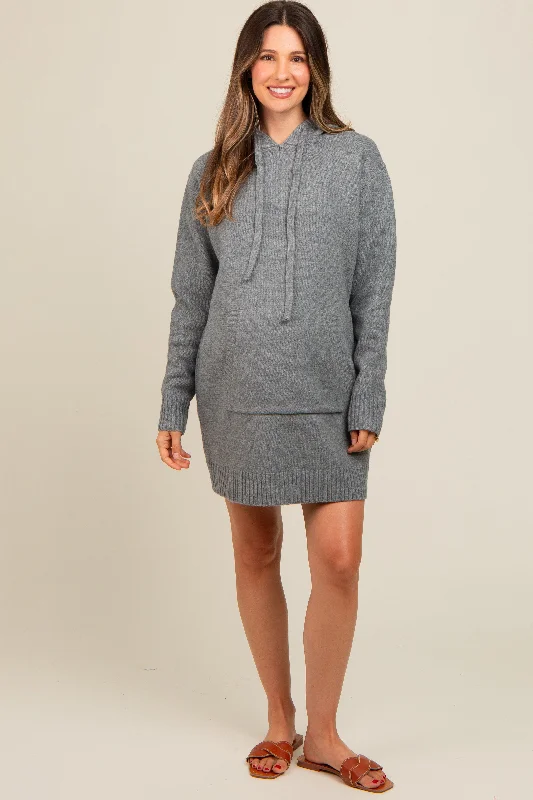 Grey Hooded Front Pocket Maternity Sweater Dress