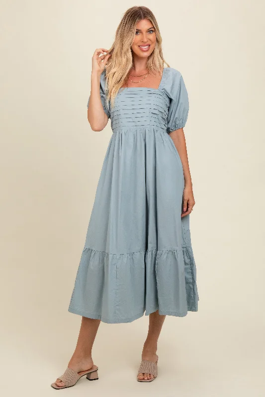 Light Blue Pleated Bodice Puff Sleeve Midi Dress