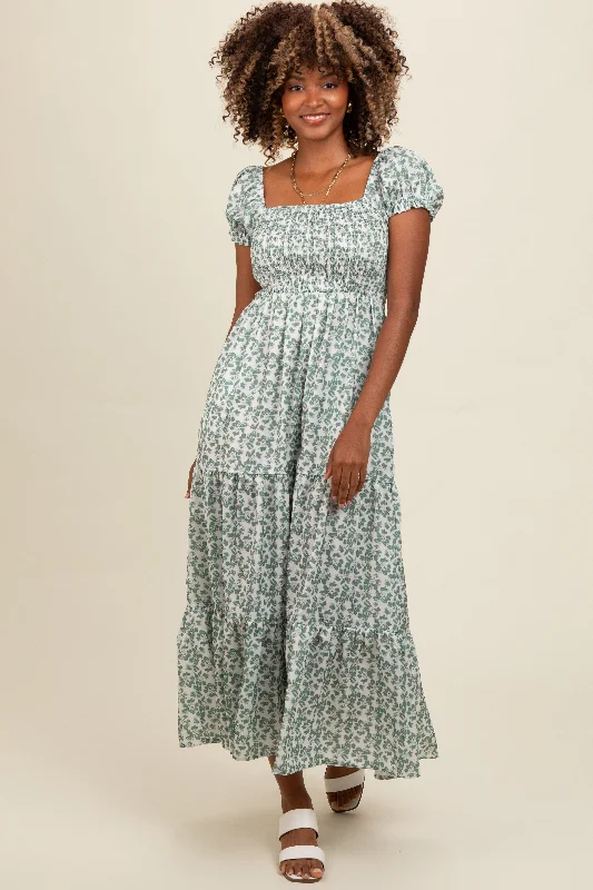 Olive Floral Puff Sleeve Smocked Maxi Dress