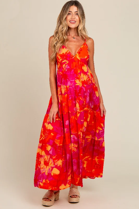 Orange Floral Print Tiered Maternity Dress