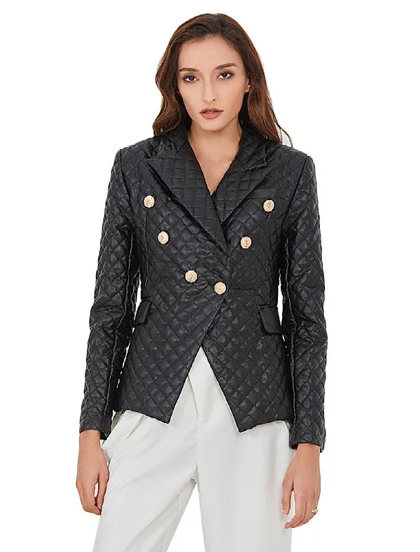 Black Plaid Pattern Pu Leather Jacket Blazer