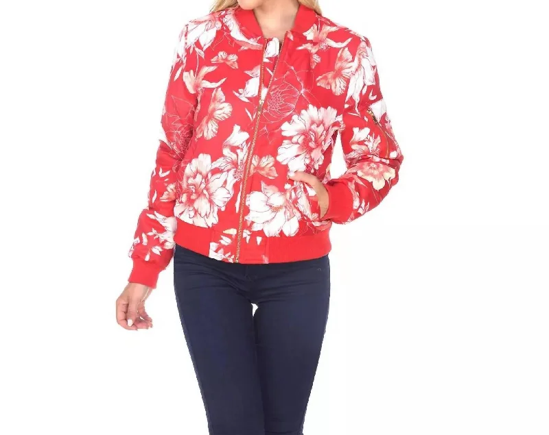 Floral Bomber Jacket In Red