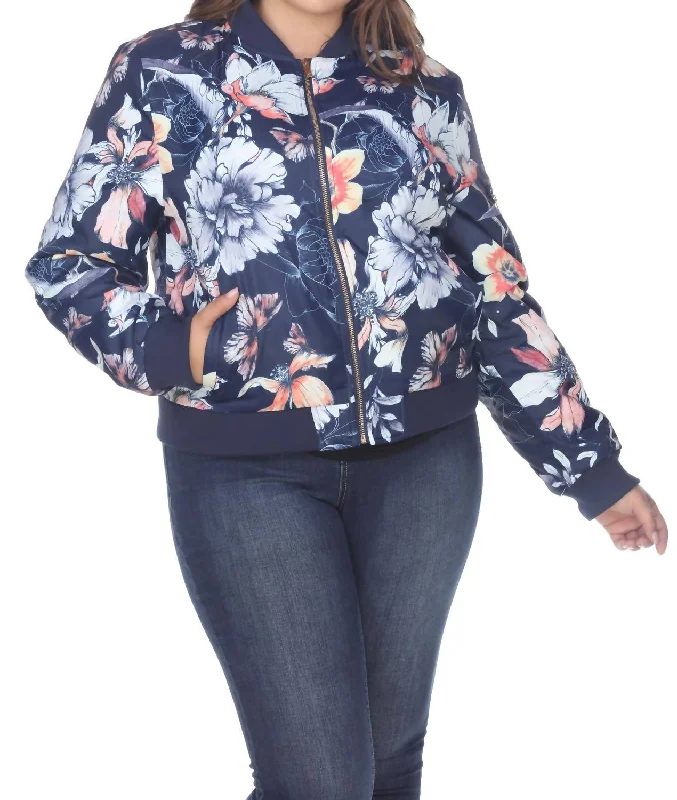 Floral Bomber Jacket - Plus Size In Navy