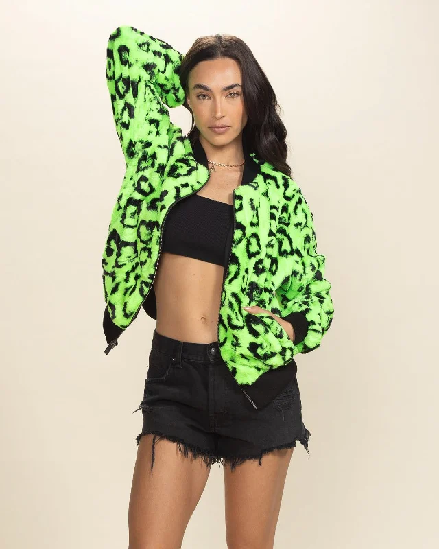 Women's Colorful Faux Fur Jacket | Neon Green Leopard