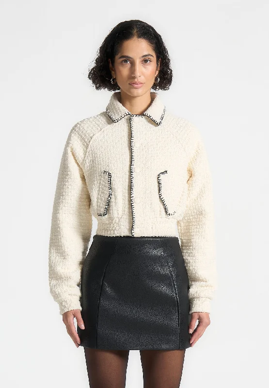 Tweed Whip Stitch Varsity Jacket - Cream